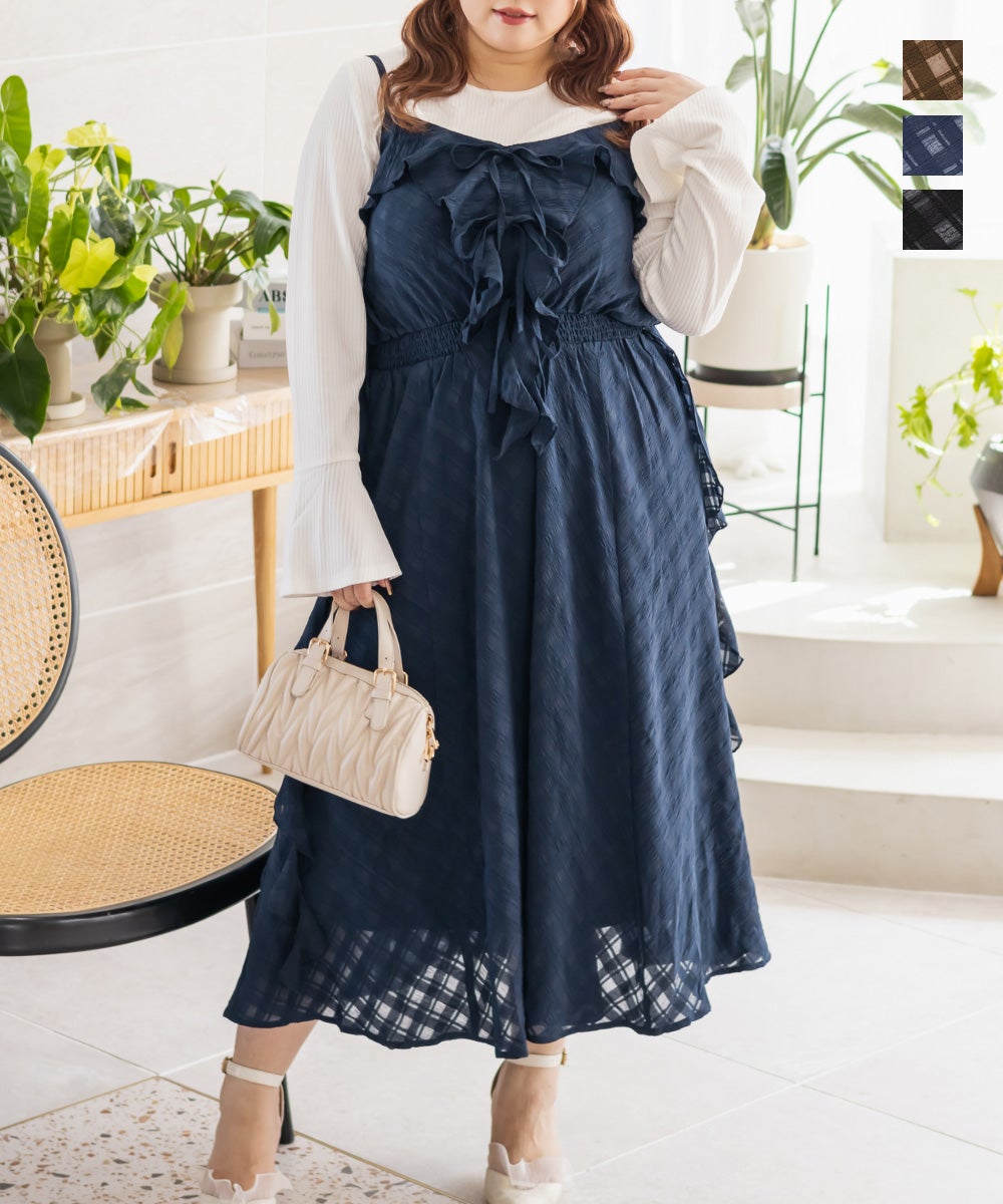 familiar フリルリボン付きハイネックワンピース 130cm 紺×茶　美品 マシェリコラボ】袖口フリルハイネックニットワンピース