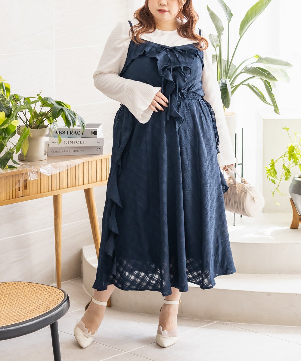 ハンドメイド　ネイビーミックスチェック　フリルワンピース CLETTEオリジナルシアーチェックフリルキャミワンピース | 大きい
