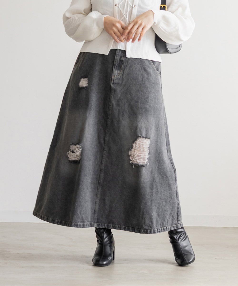 CLETTEオリジナルダメージ加工デニムスカート | 大きいサイズ