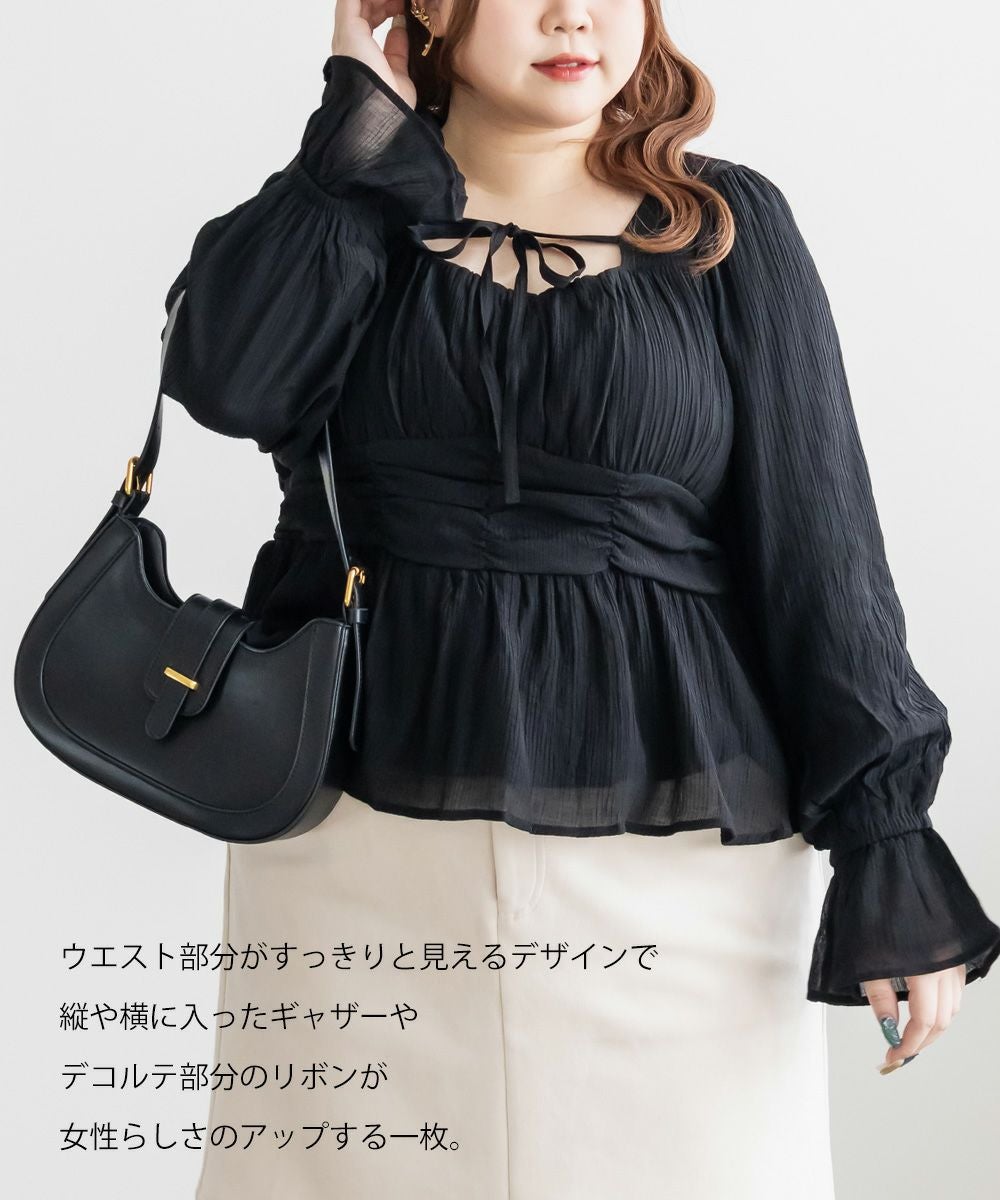 【BLACK】リボン ギャザー ブラウス リボンギャザーブラウス