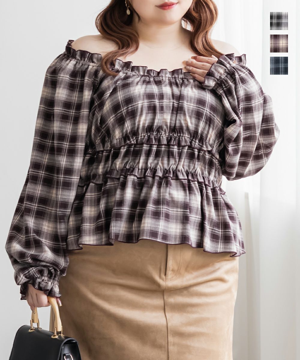 165cm　ブラウンブレザーとチェックパンツ、ブラウスのセット CLETTEオリジナル2WAYチェック柄フリルブラウス | 大きいサイズ