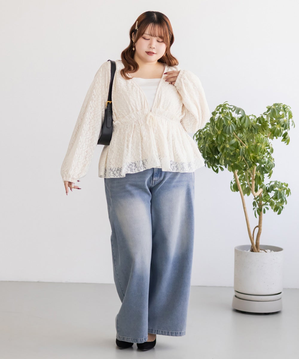 CLETTEオリジナルギャザーデザイン長袖レースブラウス | 大きいサイズ