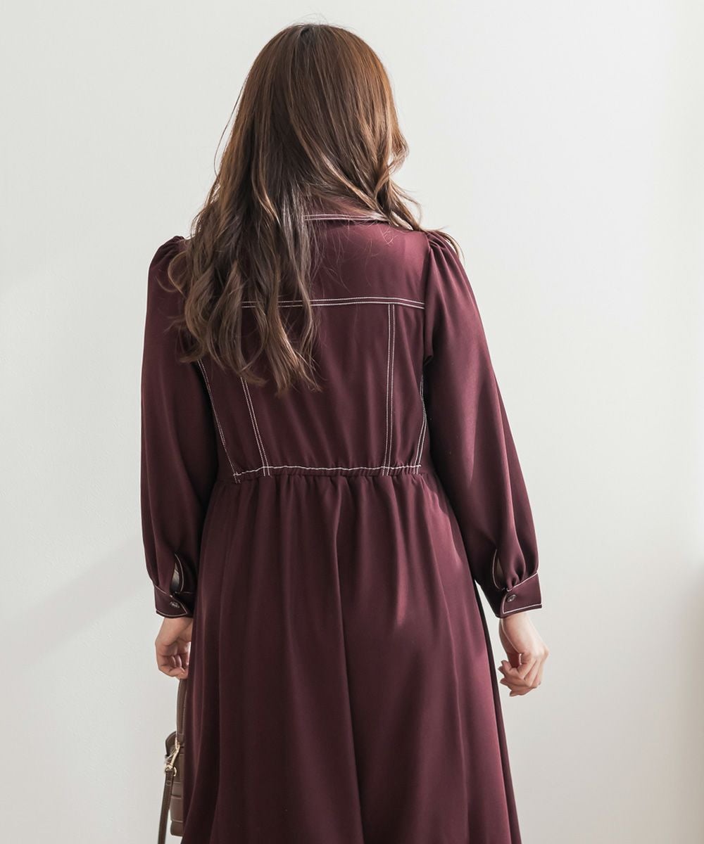 シャツワンピース 長袖 ブラウン レッド パープル CLETTEオリジナル配色ステッチシャツワンピース | 大きいサイズ