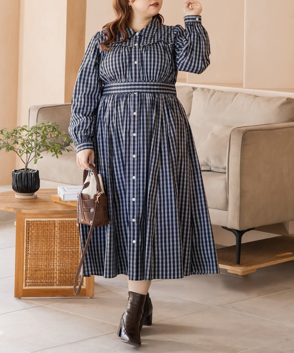 CLETTEオリジナルビスチェ風切替チェック柄シャツワンピース | 大きい