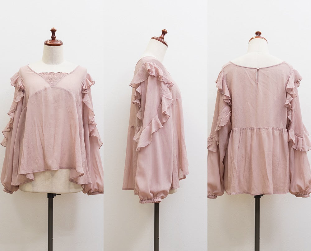 最終値下げ　Mystrada ラッフルフリルブラウス ピンク CLETTEオリジナルシアーラッフルフリルブラウス | 大きいサイズ