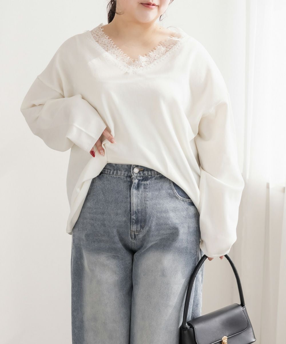 レース使いVネックニット | 大きいサイズ レディース専門店 CLETTE