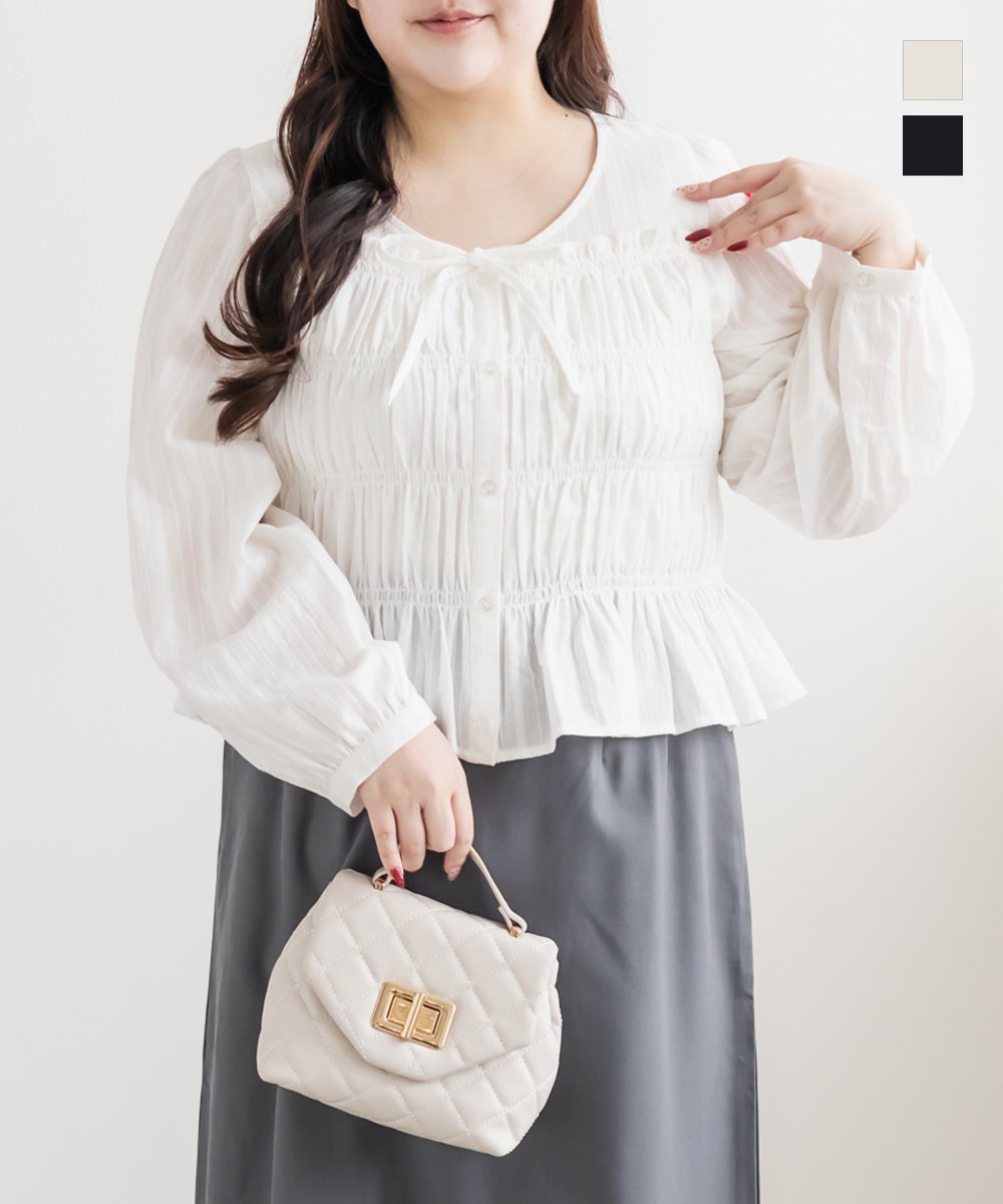 ふんわり ブラウス シャーリング 美シルエット リボン 素敵 オシャレ ドレープ one way（ワンウェイ） シャツ ブラウス シャーリングオフショルリボン