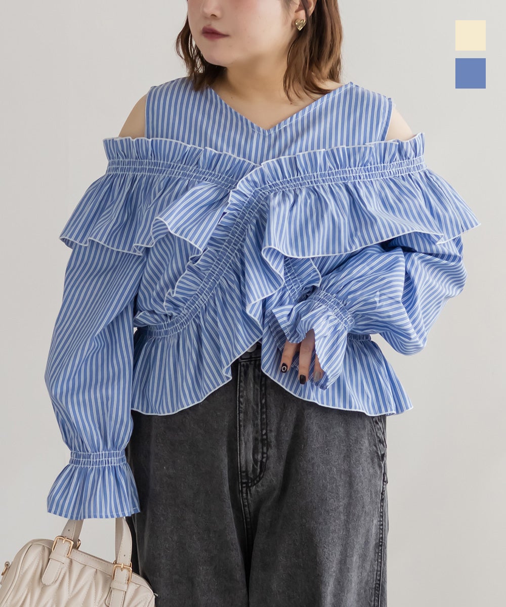 ストライプマルチWAYフリルブラウス | 大きいサイズ レディース専門店