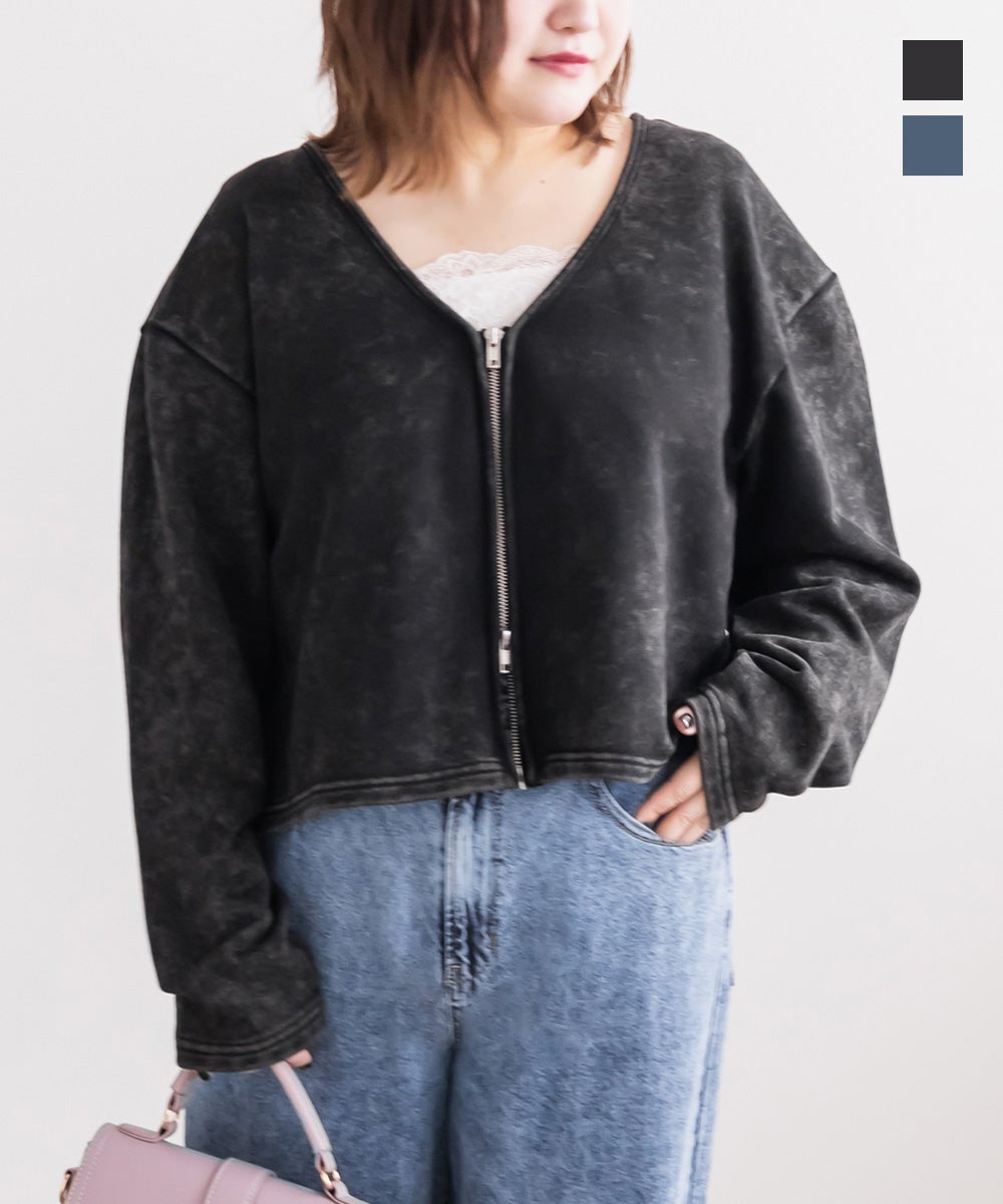 ダメージ加工風裏毛ジップカーディガン | 大きいサイズ レディース専門