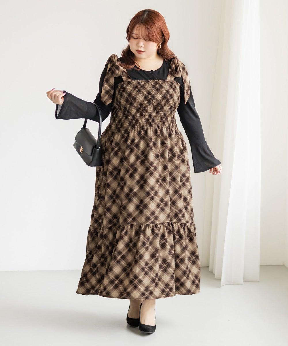 チェック柄シャーリングキャミワンピース | 大きいサイズ レディース