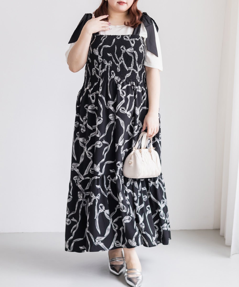 リボン柄シャーリングキャミワンピース | 大きいサイズ レディース専門