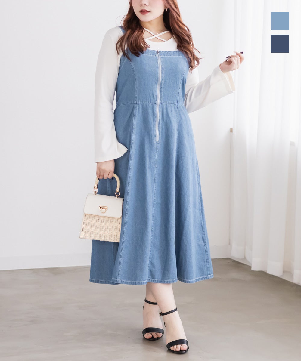 【美品】familiar＊デニムブルー ワンピース ジャンスカ さくらんぼ 80 フロントジップデニムジャンスカワンピース | 大きいサイズ レディース