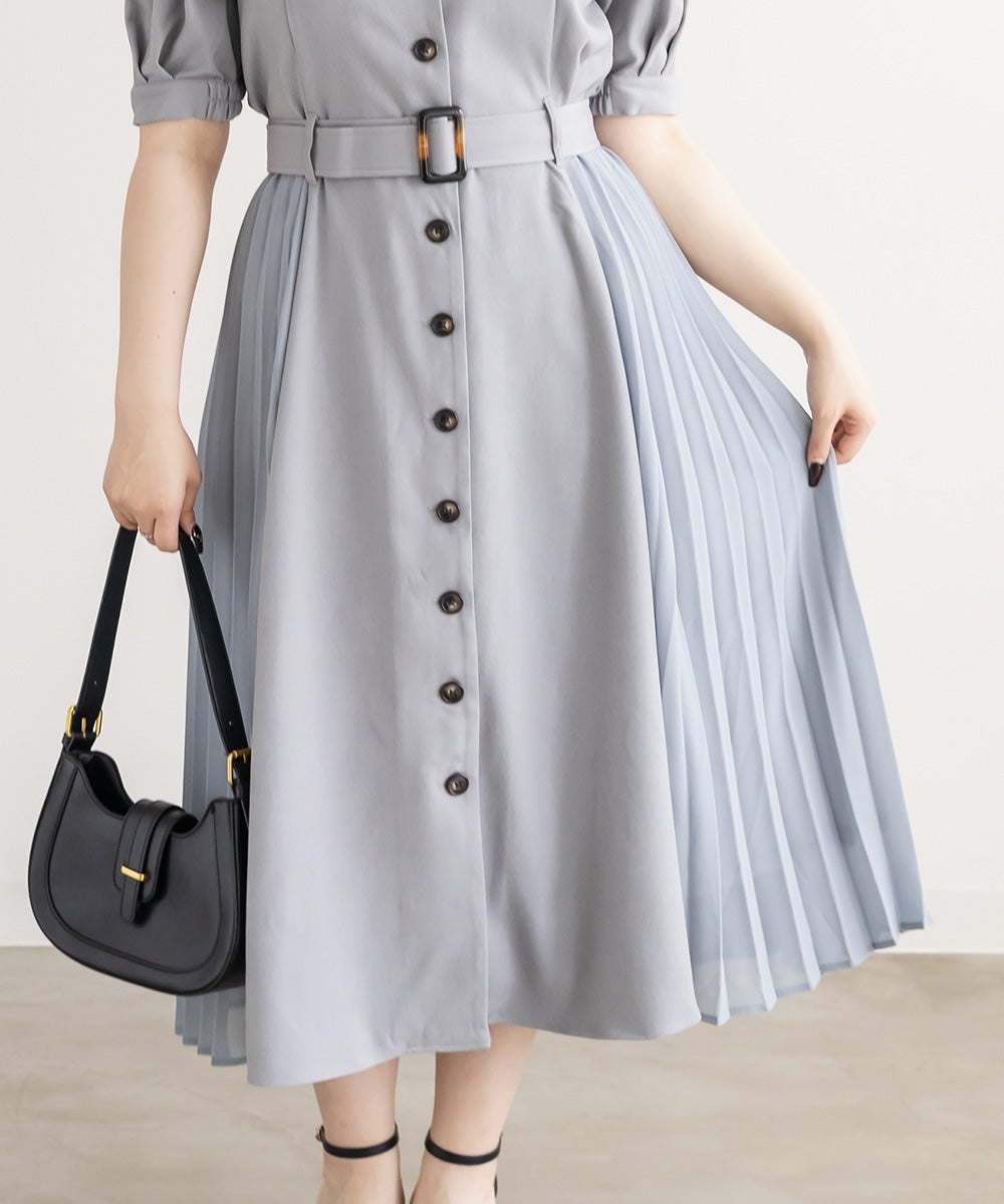 CLETTEオリジナルプリーツ配色ベルト付き半袖ワンピース | 大きい