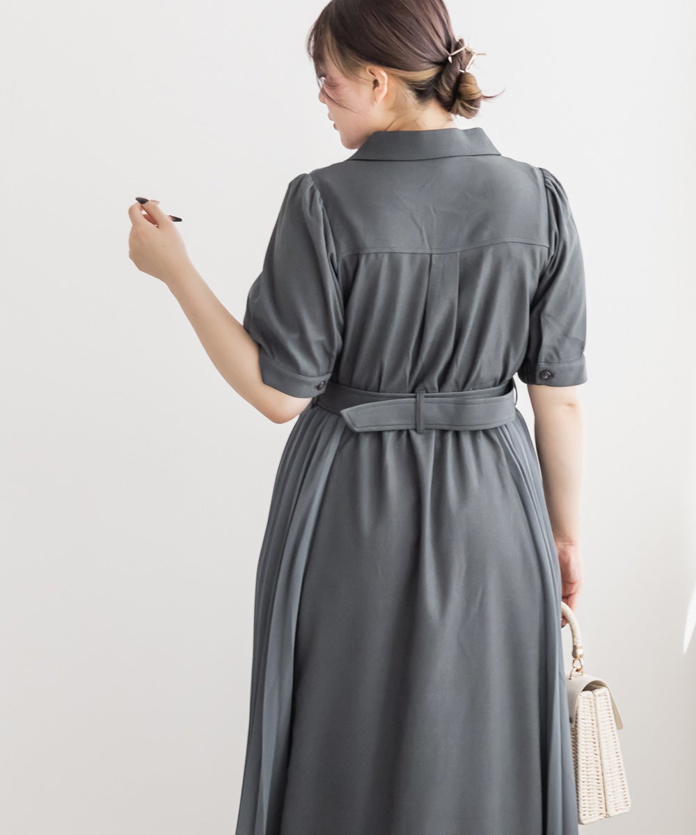 ストライプ グレー 半袖ワンピース ベルト付き Lace Ladies（レースレディース） ワンピース Vネックベルト付き半袖