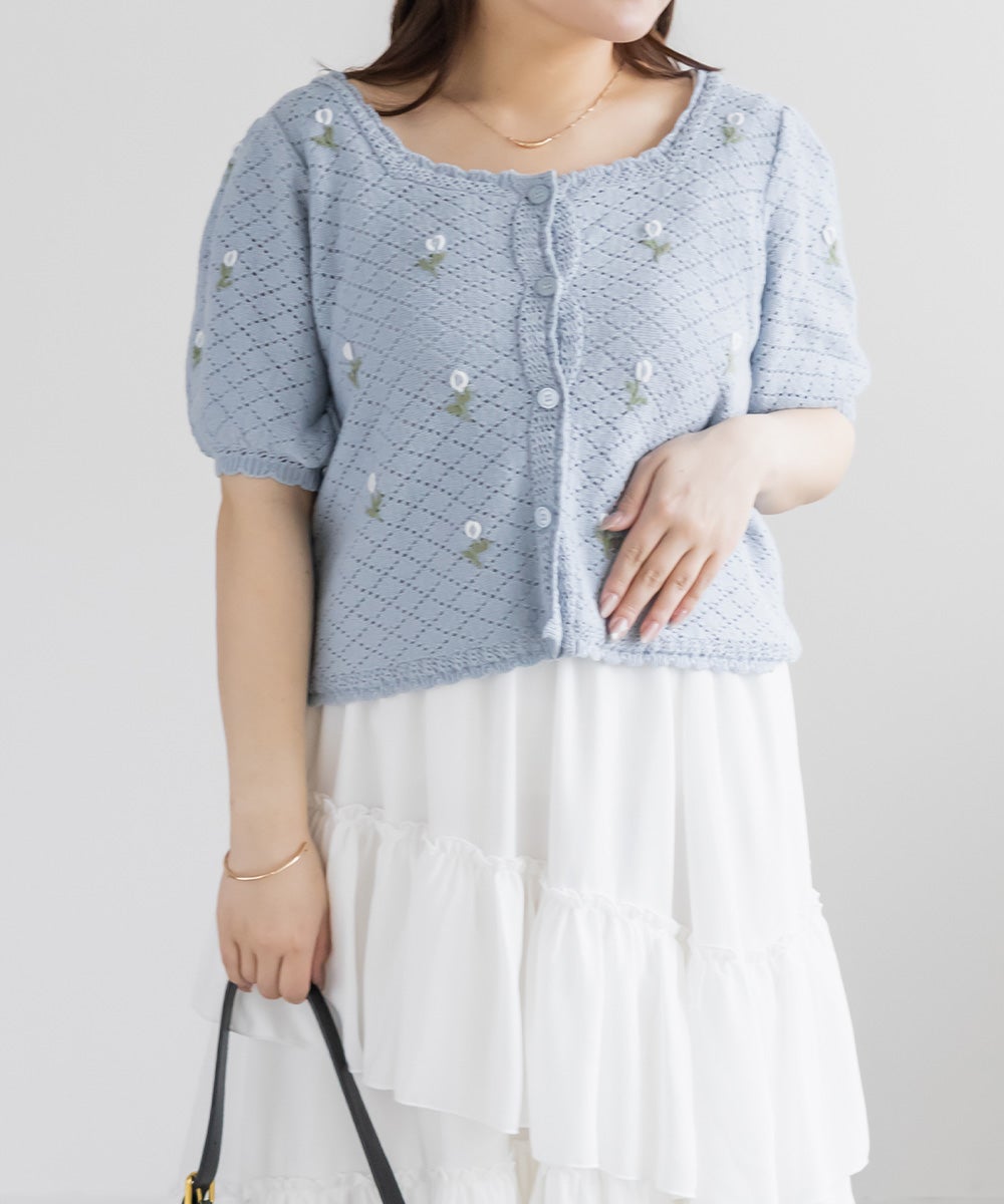CLETTEオリジナル花刺繍透かし編みニットカーディガン | 大きいサイズ