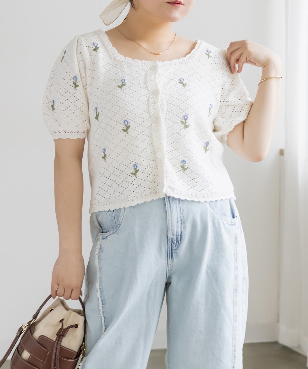 CLETTEオリジナル花刺繍透かし編みニットカーディガン | 大きいサイズ