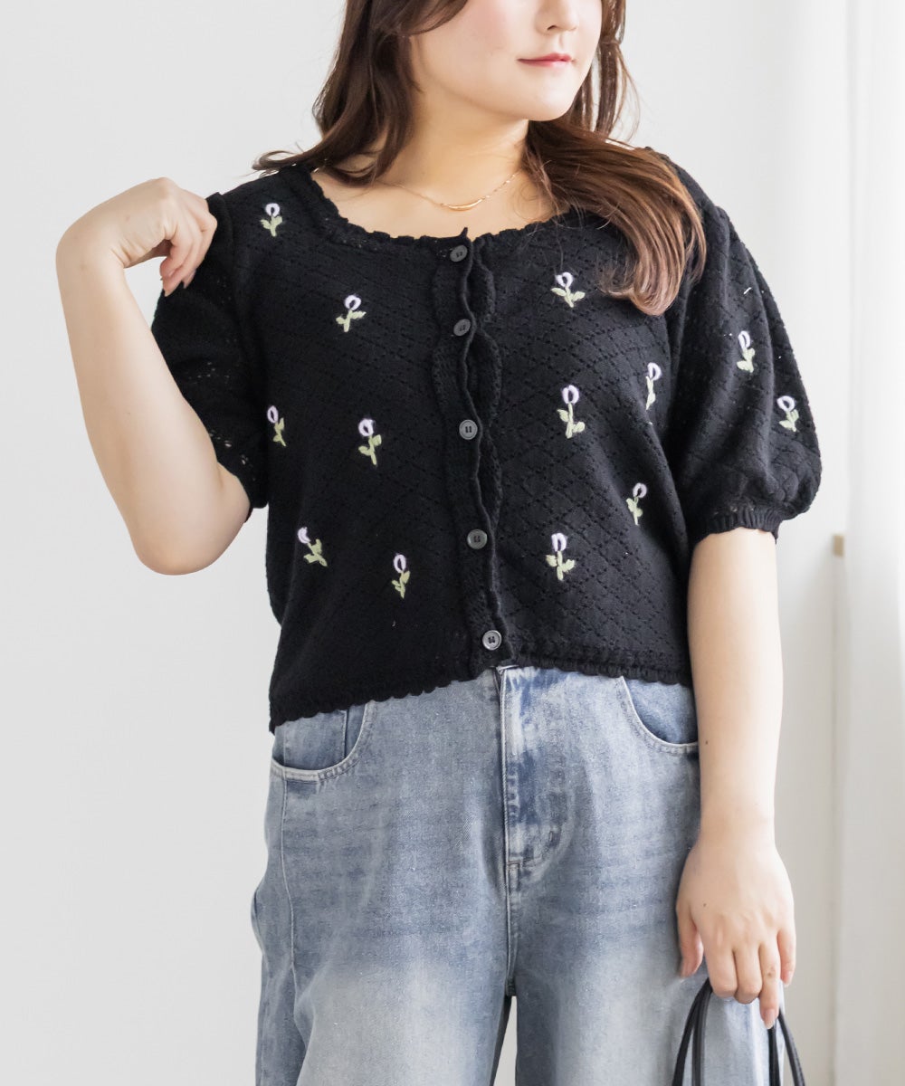 seyto サイズ3 / ビジューカラー透かし編みニットカーディガン CLETTEオリジナル花刺繍透かし編みニットカーディガン | 大きいサイズ
