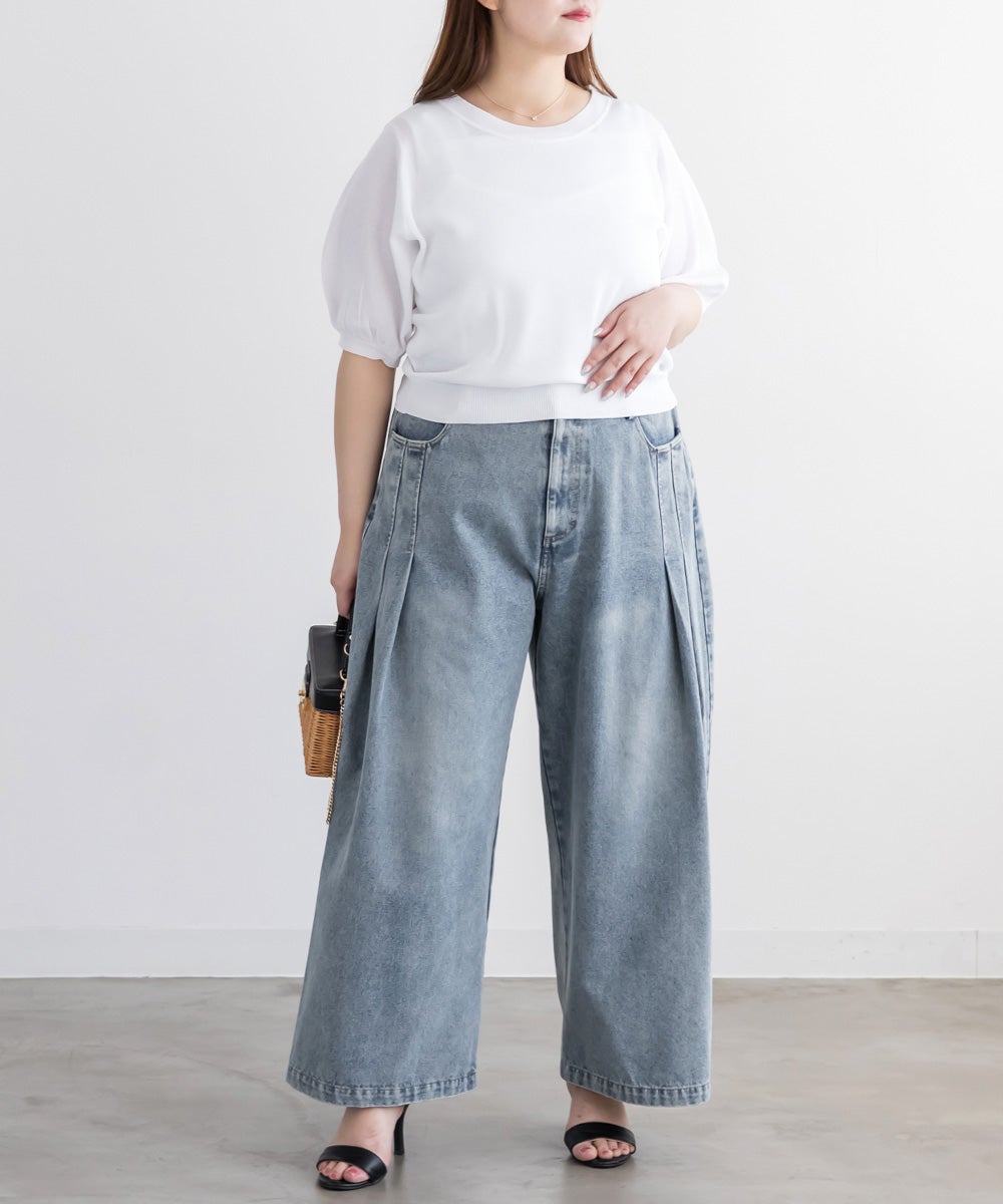 CLETTEオリジナルタックデニムワイドパンツ | 大きいサイズ レディース