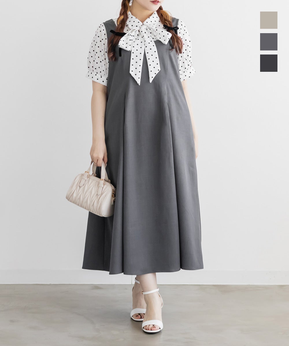 clette プリーツフレアスリーブレイヤード風ワンピースドレス グレー 4L NEW ITEM