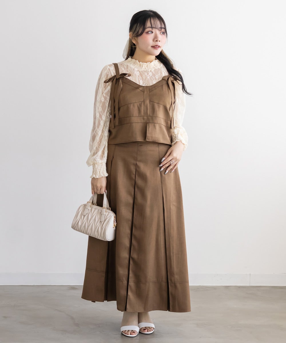 【新品】Bibiy リボンビスチェ　ブラウン CLETTEオリジナル配色ステッチリボンビスチェ＆ボックスタックスカート