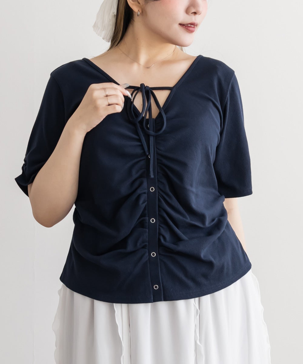 CLETTEオリジナルネックリボンフロントボタンカットソー | 大きい