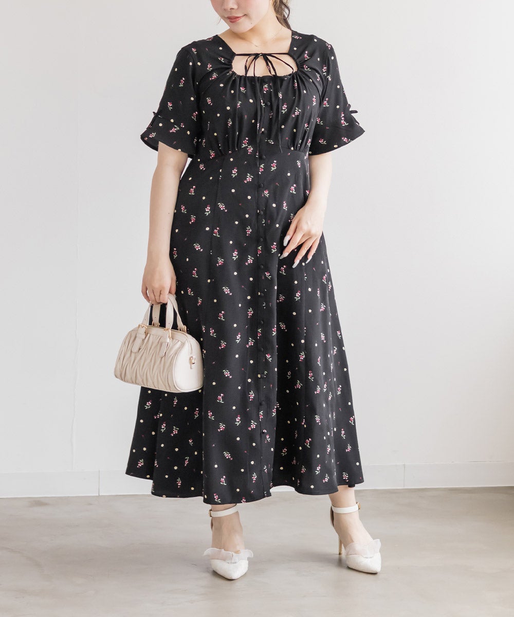 clette クレット オープンネックフラワー ワンピース 4Lブラック CLETTEオリジナルオープンネックフラワーワンピース | 大きいサイズ