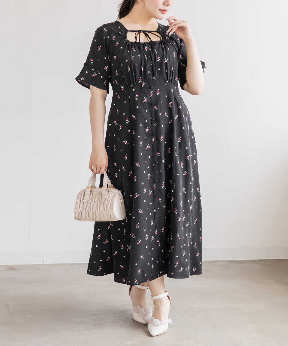 clette クレット オープンネックフラワー ワンピース 4Lブラック CLETTEオリジナルオープンネックフラワーワンピース | 大きいサイズ