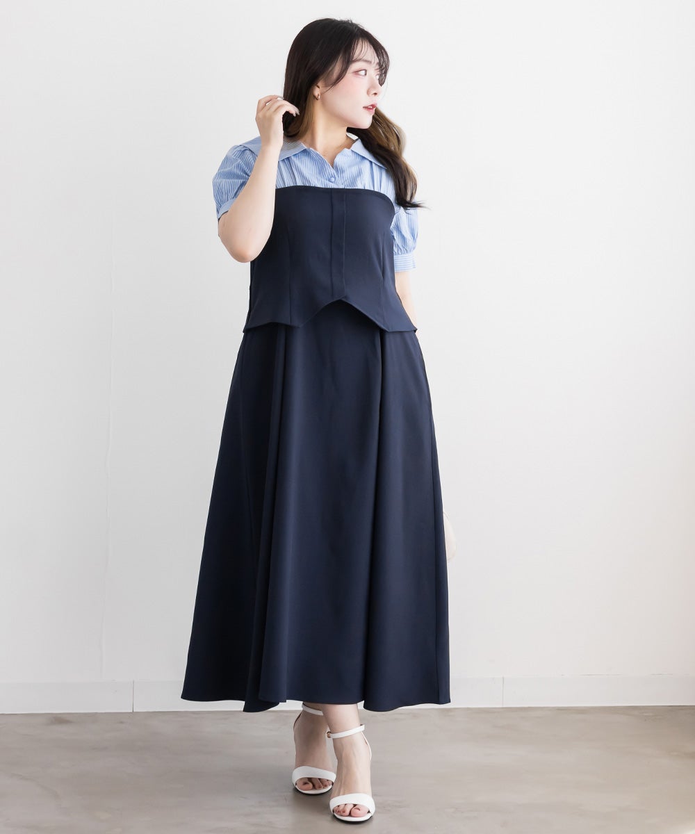 即完商品 CLETTE 半袖ワンピース ネイビー CLETTEオリジナルビスチェ風シャツドッキングワンピース | 大きい