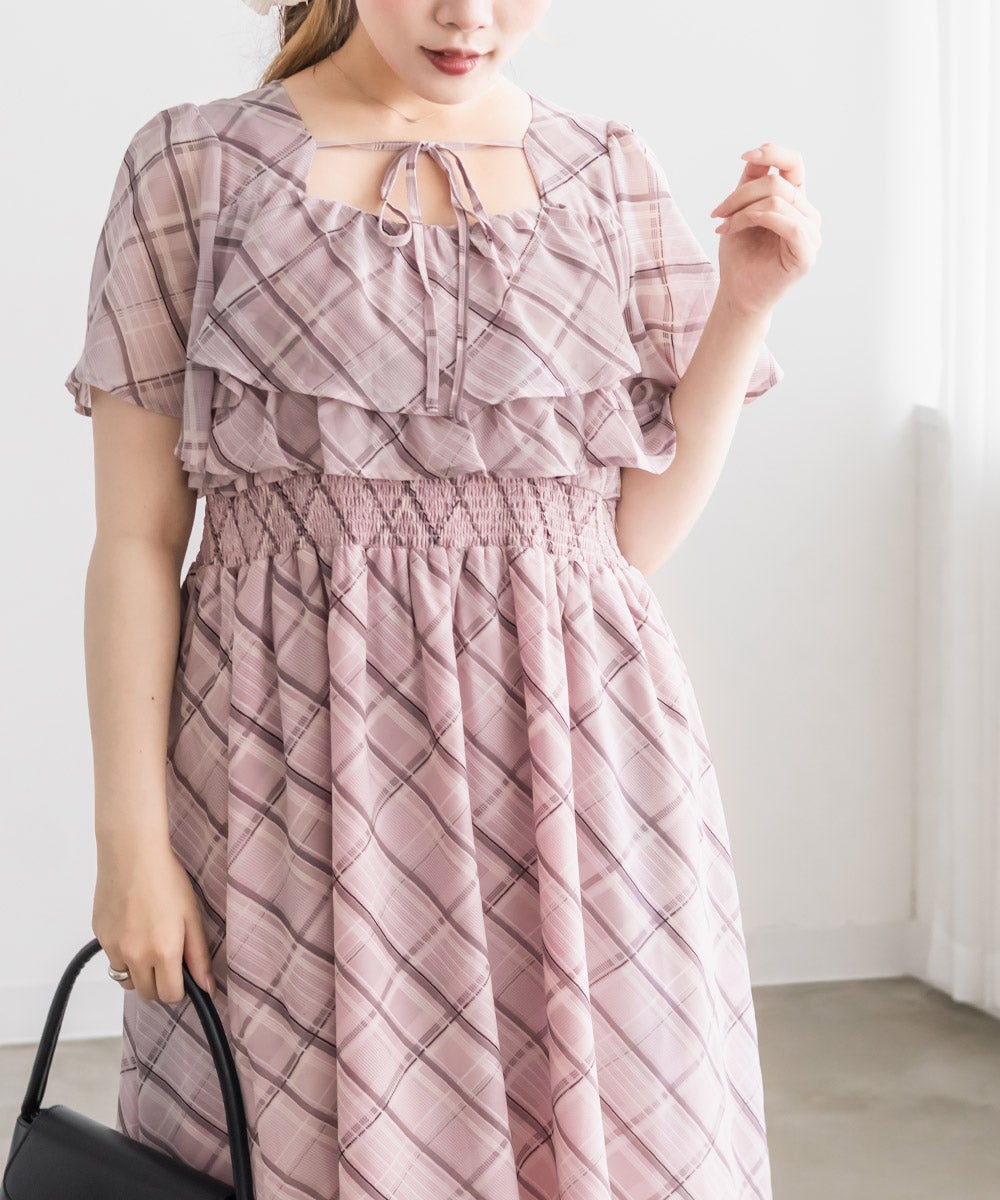 【新品未使用品】CLETTEオリジナルチェックフリルリボンワンピース　４L CLETTEオリジナルチェックフリルリボンワンピース | 大きいサイズ