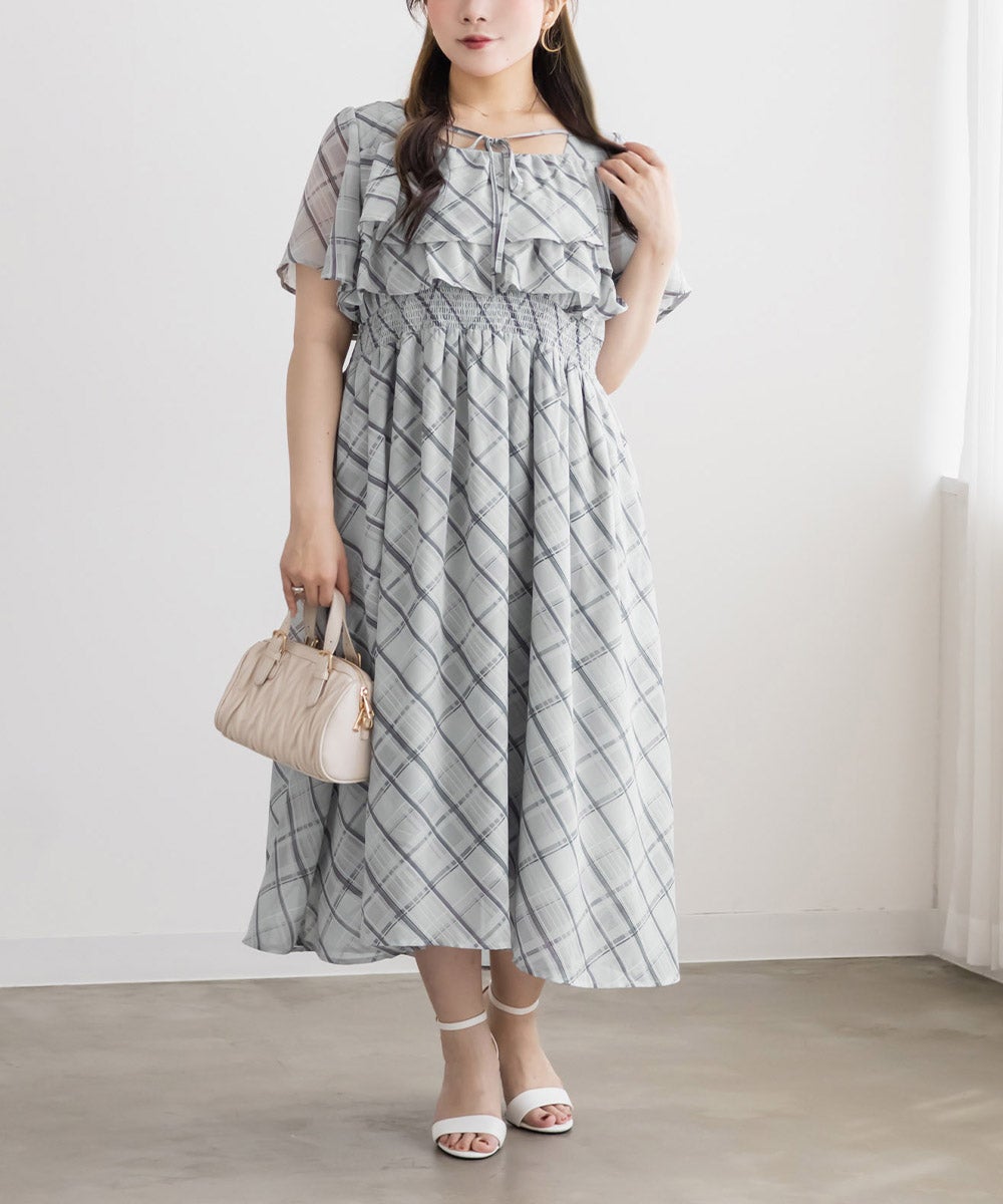 【新品未使用品】CLETTEオリジナルチェックフリルリボンワンピース　４L CLETTEオリジナルチェックフリルリボンワンピース | 大きいサイズ