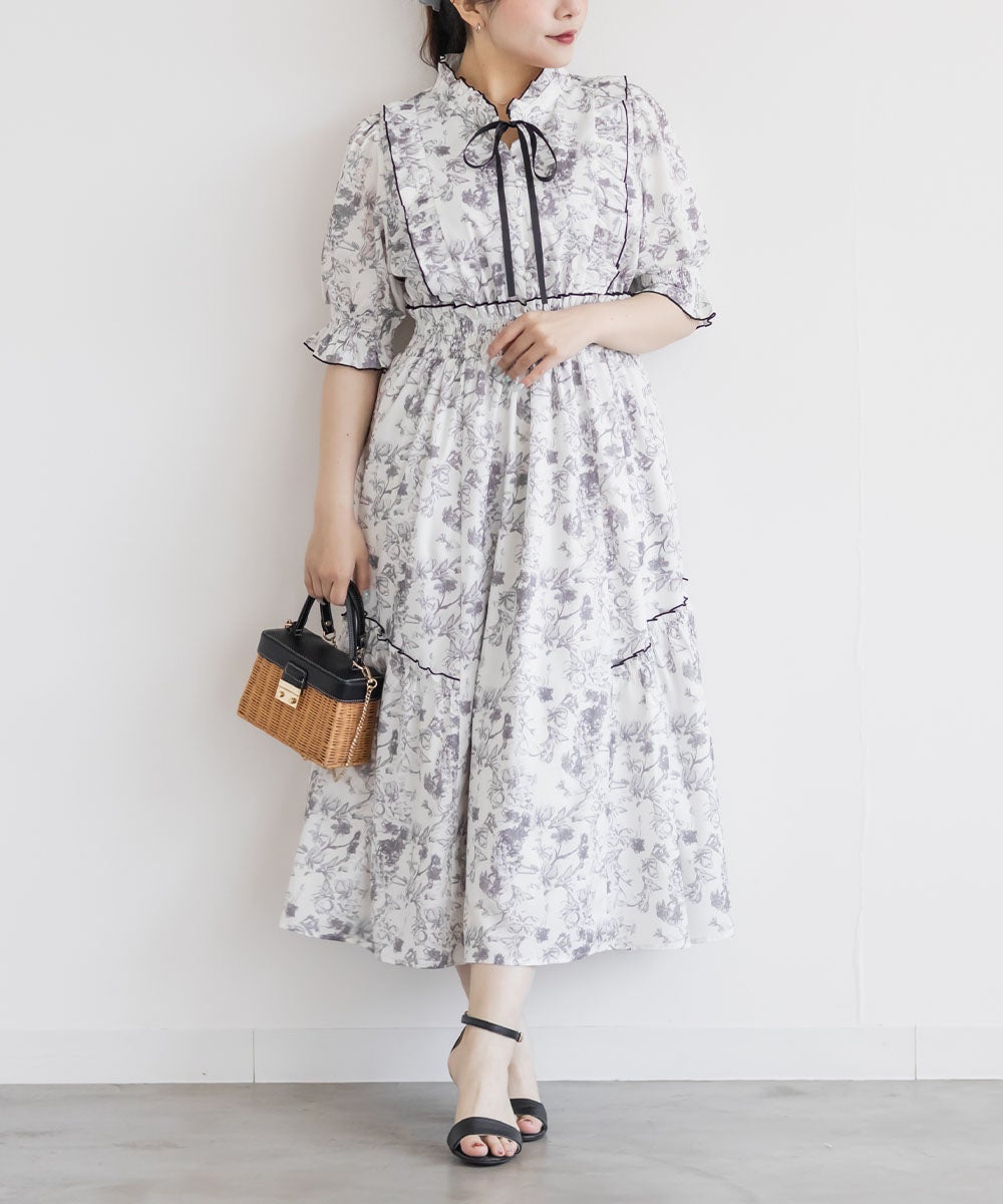 クレット　オリジナル花柄ワンピース　グレー CLETTEオリジナル花柄フリルワンピース | 大きいサイズ レディース専門