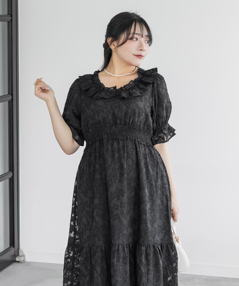 CLETTEオリジナルフラワージャガードシャーリングワンピース | 大きい