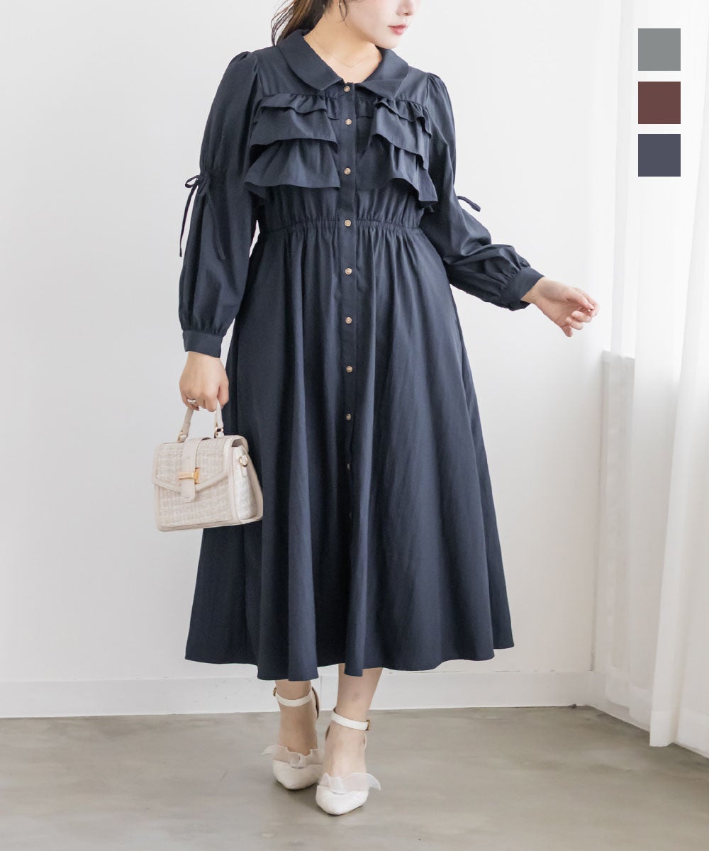 CLETTEオリジナルフリルティアード長袖シャツワンピース | 大きい