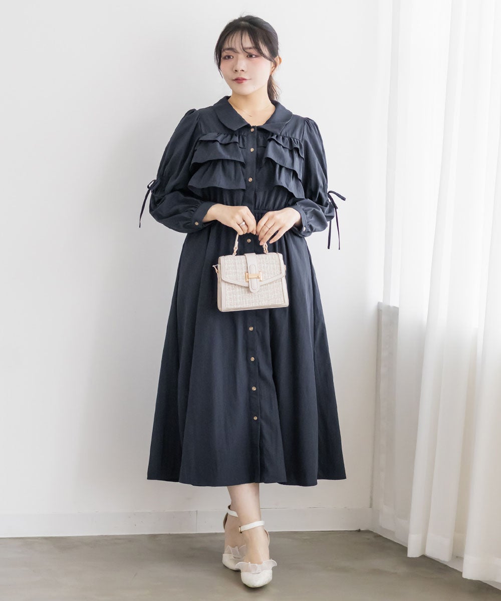 CLETTEオリジナルフリルティアード長袖シャツワンピース | 大きい