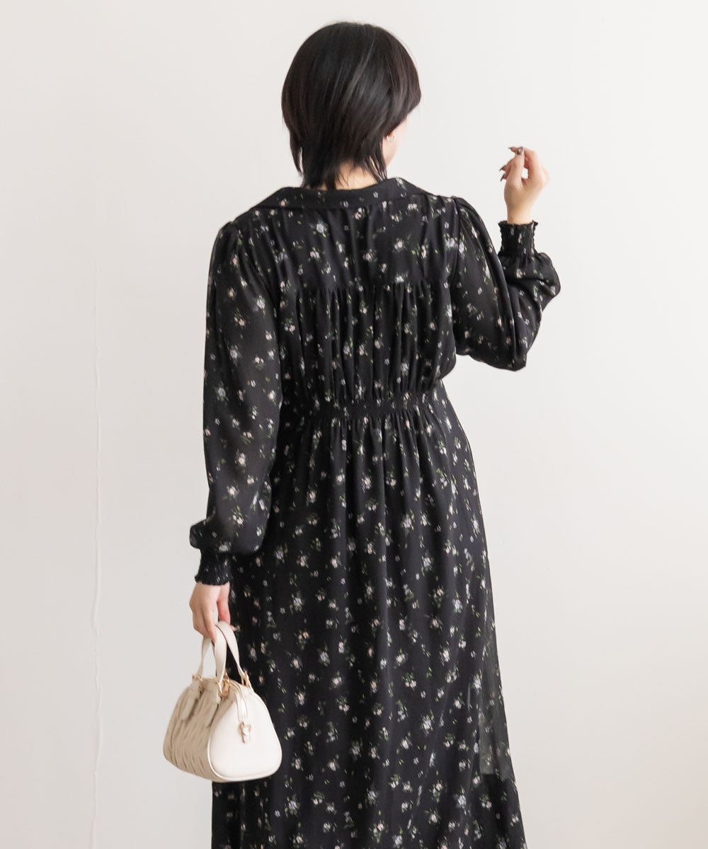 CLETTEオリジナル花柄オープンカラーウエストタックワンピース