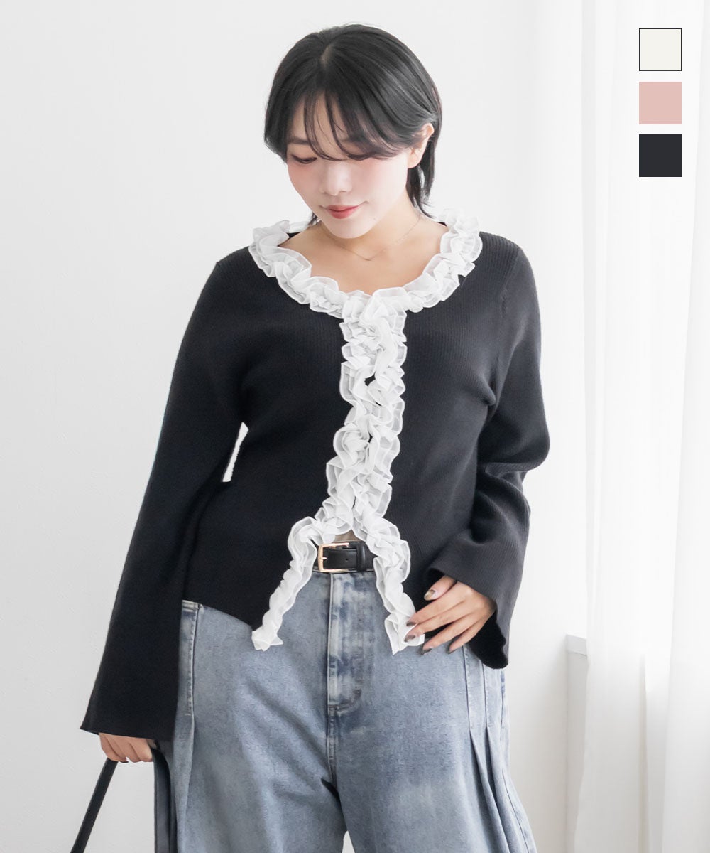 美品 cccmalie シーマリー フリル袖ニット カシミア ブラック F CLETTEオリジナルフリル付きリブニットプルオーバー | 大きいサイズ
