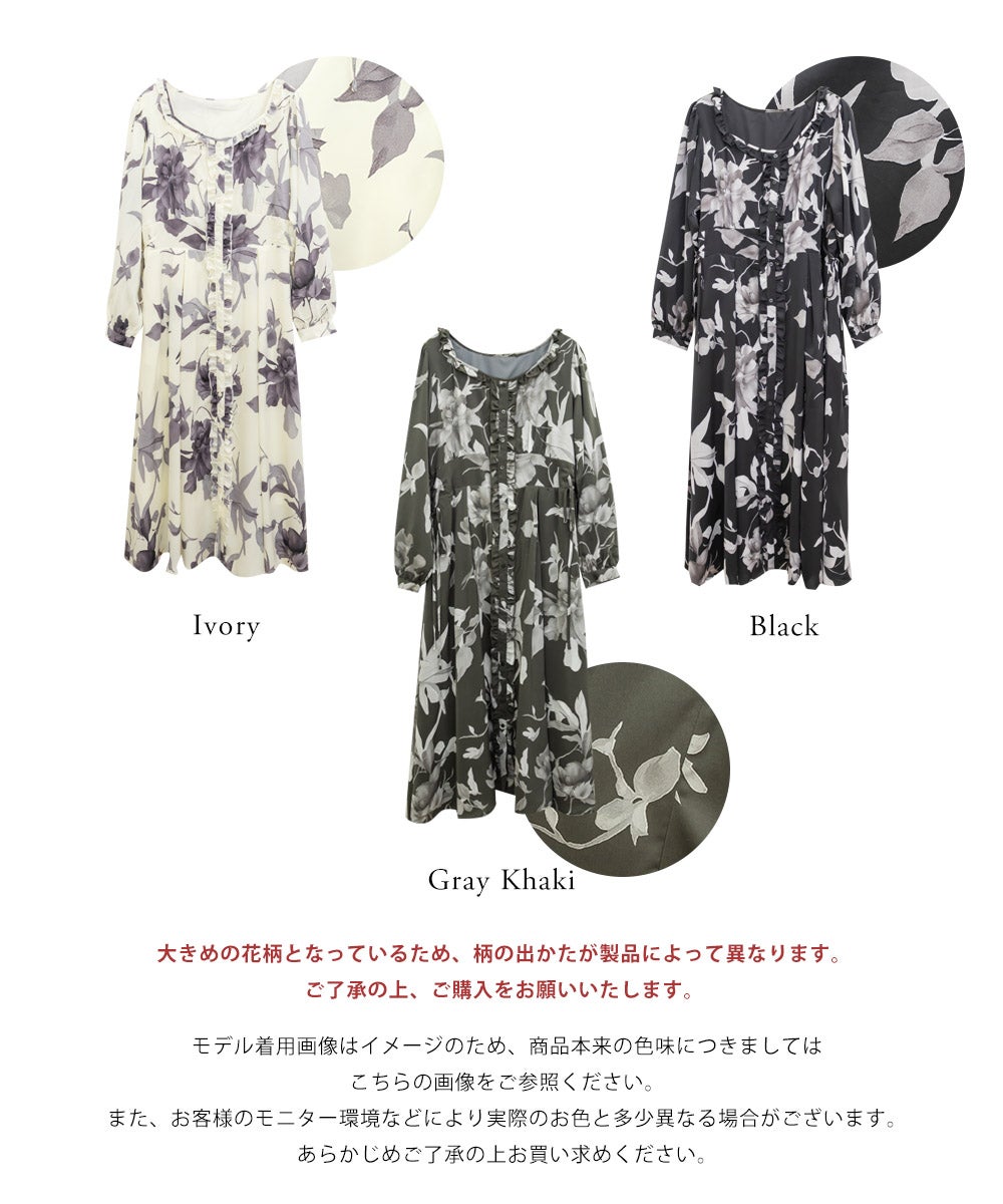 クレット　オリジナル花柄ワンピース　グレー CLETTEオリジナルフリルVネック花柄ワンピース | 大きいサイズ